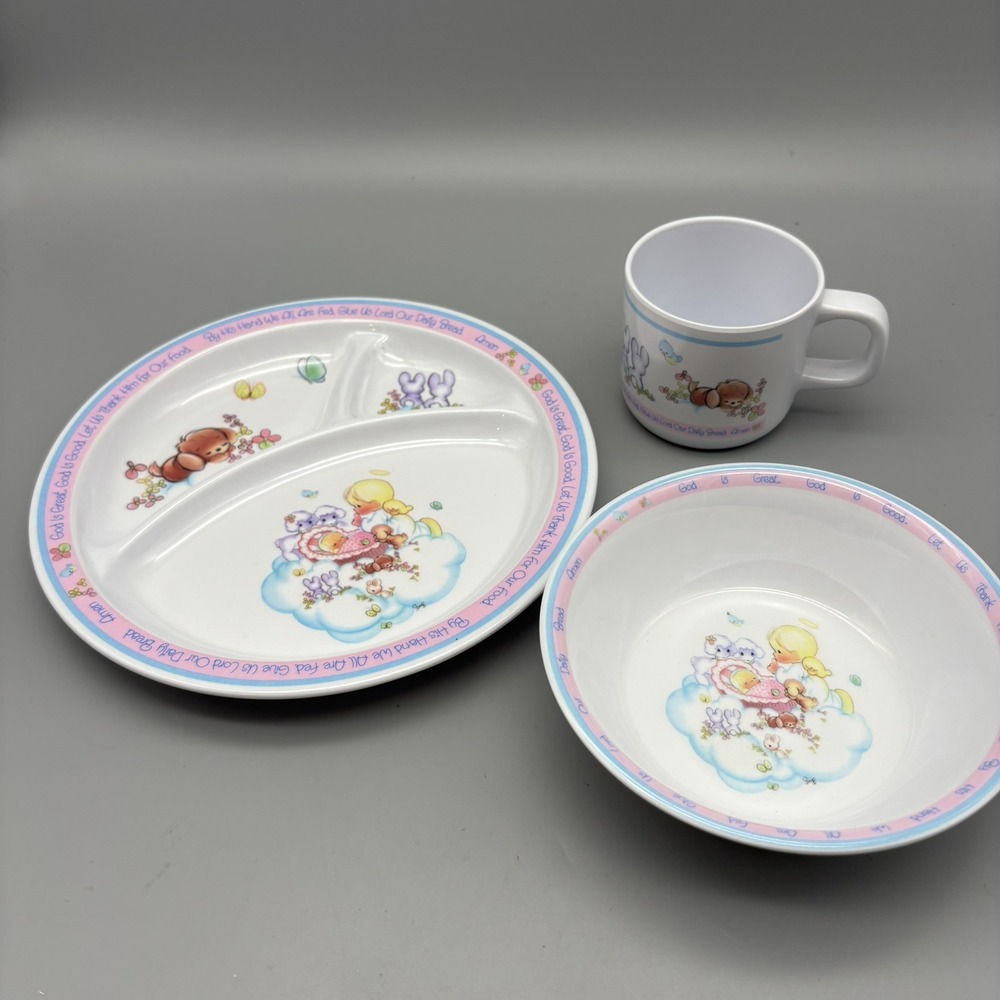 Precious‎ Moments 3-Piece Melamine Dinner set Enesco Vintage Baby feeding 1987